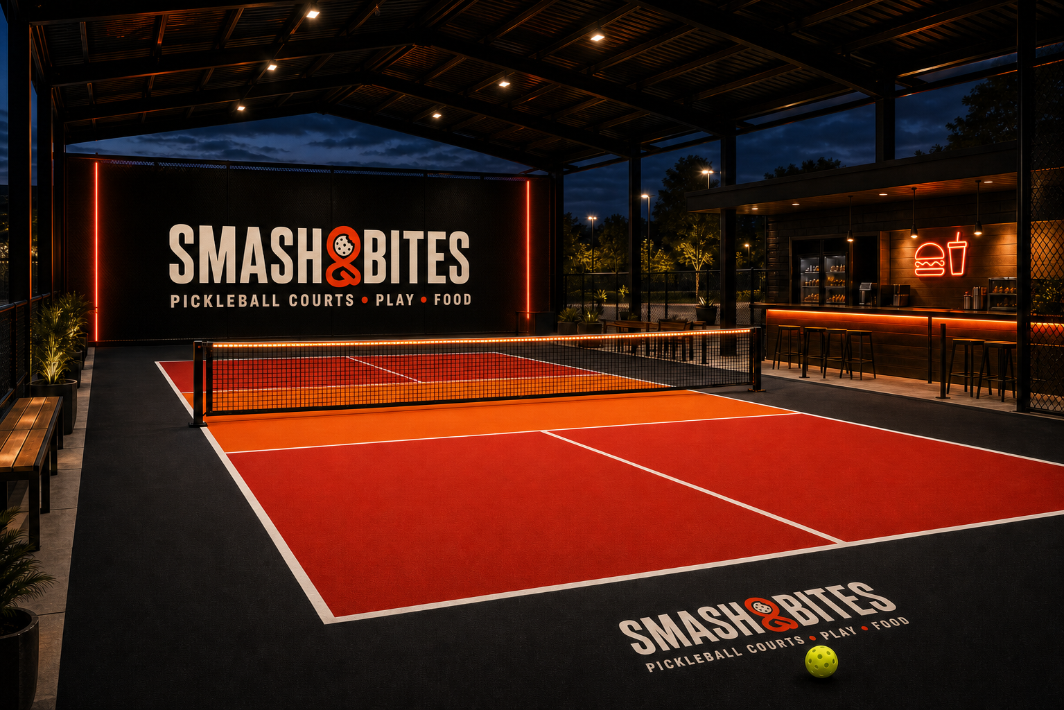 Smash&Bites pickleball court and kitchen at night